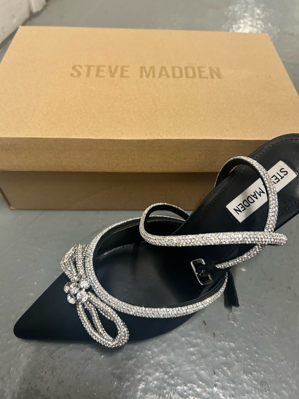 Steve Madden Black Pointed Toe Mule with Silver Rhinestone Straps BNW/box